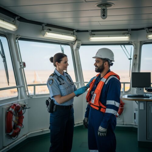A highly competent and calm medical professional (e.g., a paramedic or doctor) in a professional uniform, standing confidently in a challenging, yet secure, remote environment. This could be an offshore oil rig deck, a vast desert construction site, or a ship's bridge. They are interacting reassuringly with a worker who appears well-cared for. In the background, the vastness of the remote location is visible, but the interaction highlights safety and expertise amidst the challenging setting. The lighting is strong, conveying competence and hope.